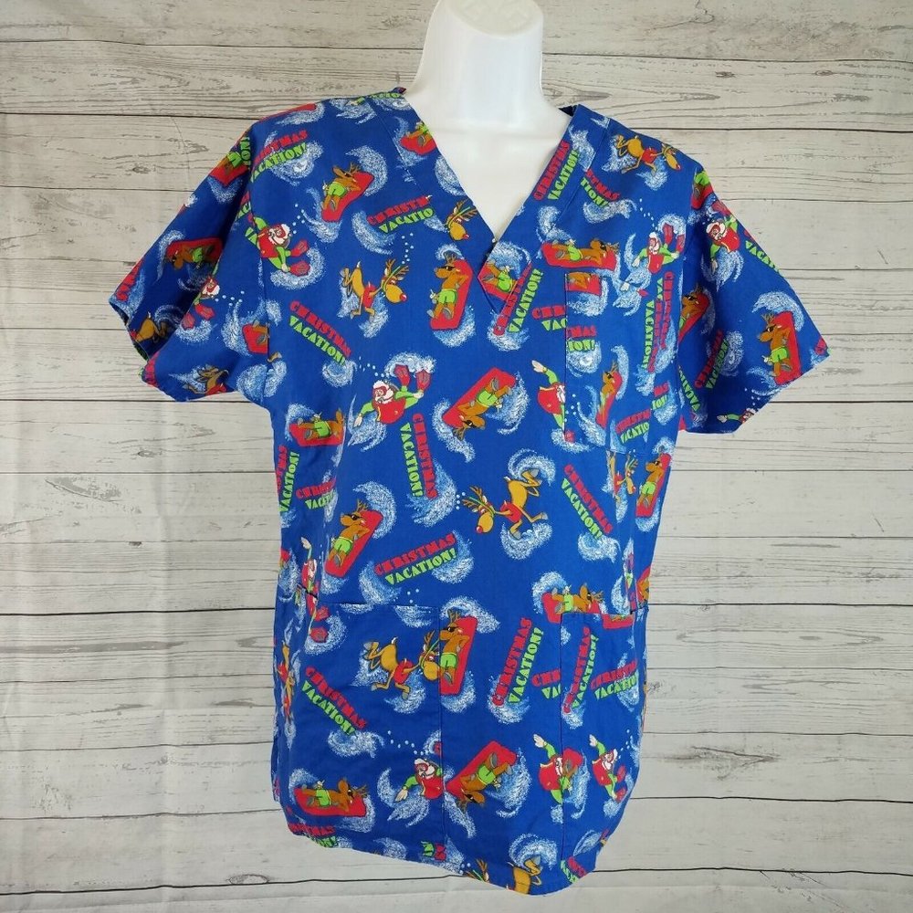 Comfy Cotton Scrubs Womens Top Sz Small Santa Reindeer‎ Blue Red